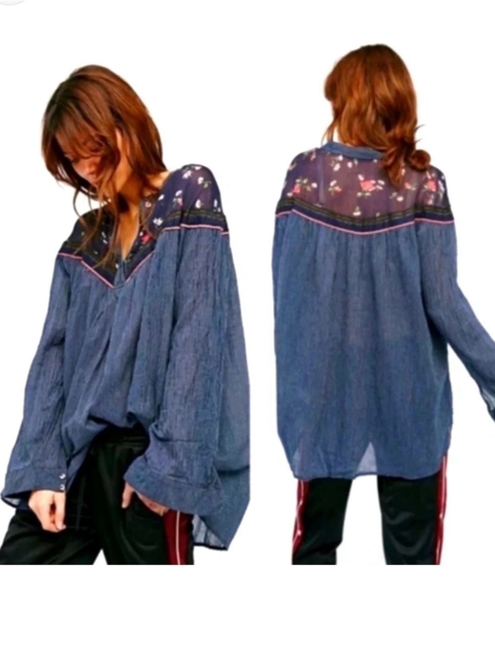 Free People Navy Floral Yoke Button-Front Tunic